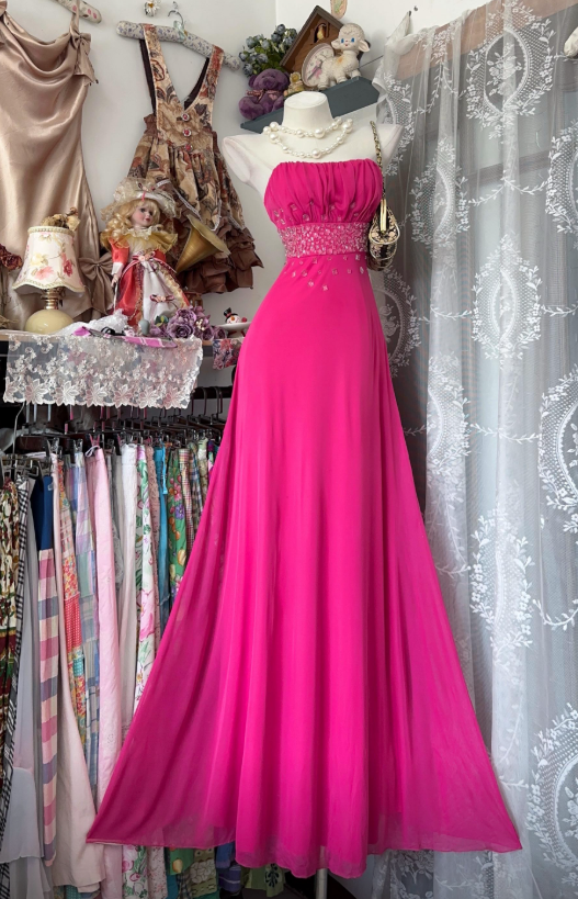 Elegant Strapless Sheath Chiffon Long Evening Dress Hot Pink Prom Dress DP05519