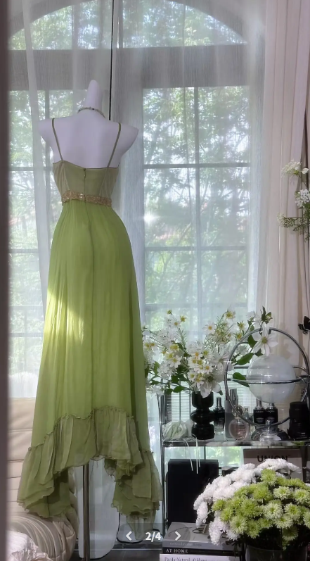 Chic Spaghetti Straps A-Line Chiffon Long Evening Dress Beaded Green Prom Dress DP05525