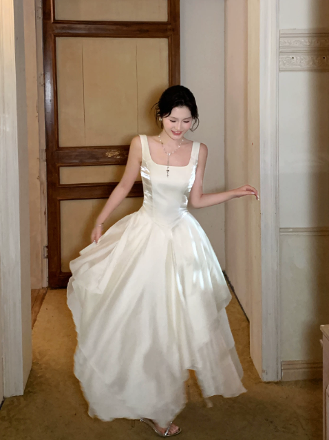 Chic Straps A-Line Birthday Dress White Vacation Dress Chiffon Long Evening Dress DP05538