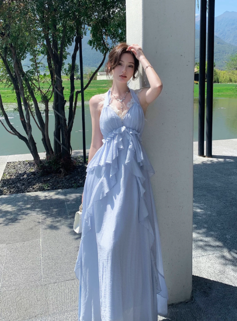 Chic Halter A-Line Birthday Dress Blue Vacation Dress Chiffon Long Evening Dress DP05539