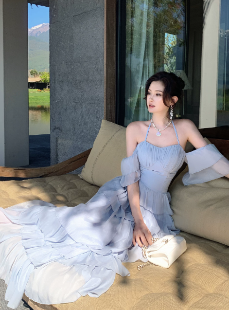Chic Spaghetti Straps A-Line Birthday Dress Blue Vacation Dress Chiffon Long Evening Dress DP05540