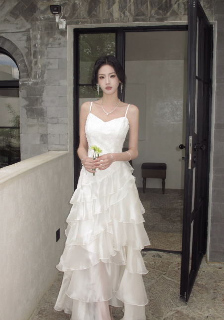 Chic Spaghetti Straps A-Line Birthday Dress White Wedding Guest Dress Chiffon Long Evening Dress DP05541