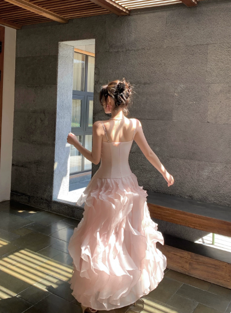 Chic Spaghetti Straps A-Line Long Evening Dress Pink Birthday Dress Chiffon Party Dress DP05546