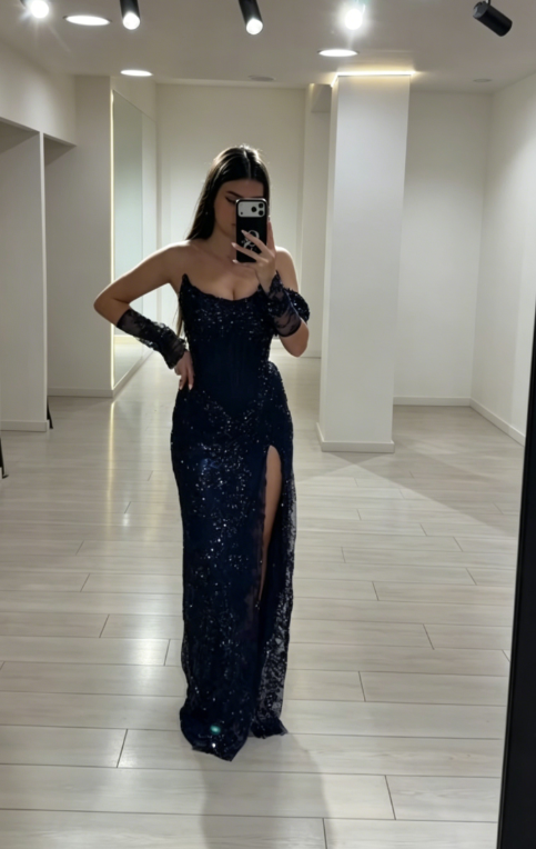 Chic Strapless Sheath Lace Long Evening Dress Navy Blue Prom Dress with Slit DP05551