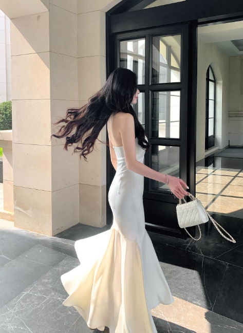 Chic Halter Mermaid Chiffon Long Evening Dress White Wedding Guest Dress DP05556
