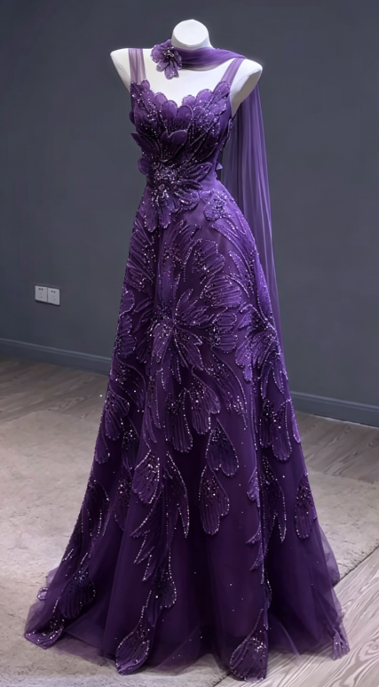 Chic Straps Sheath Birthday Dress Tulle Long Evening Dress Purple Sweet 16 Dress DP05558