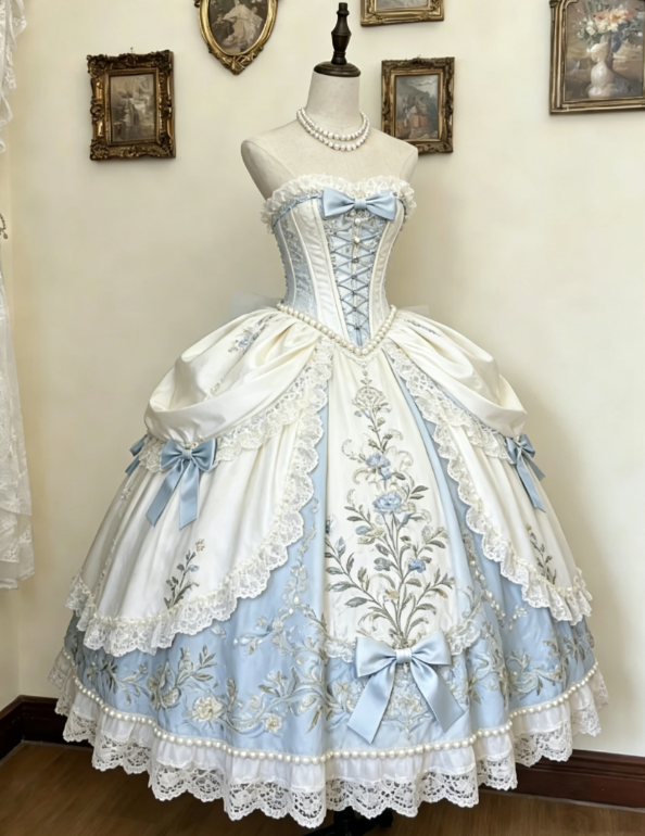 Chic Strapless Birthday Dress Ball Gown Satin Embroidered Long Prom Dress Pale Blue Sweet 16 Dress DP05579