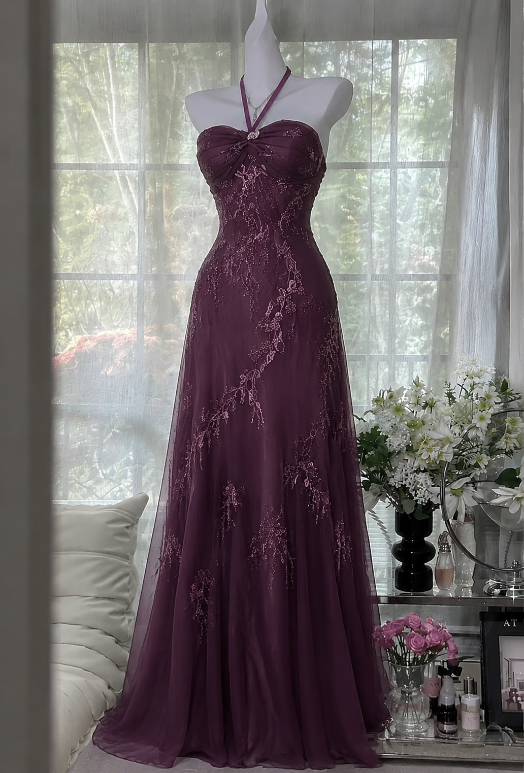 Chic Halter A-Line Chiffon Beadded Long Evening Dress Purple Prom Dress DP05585