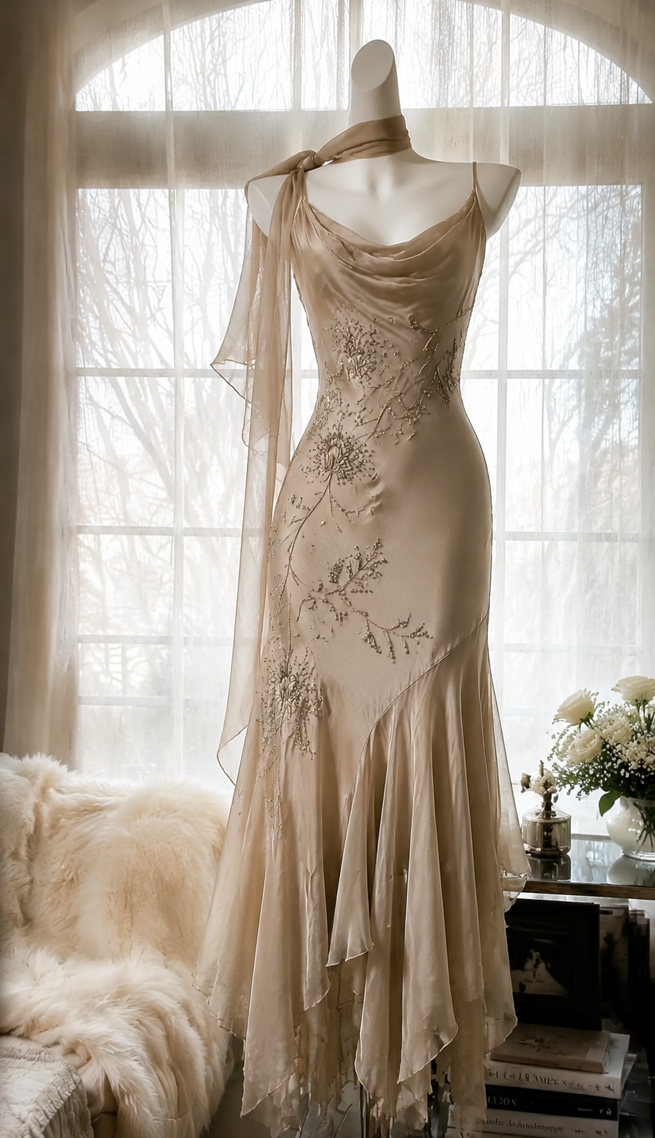 Vintage Spaghetti Straps Sheath Chiffon Beaded Long Evening Dress Champagne Prom Dress DP05591