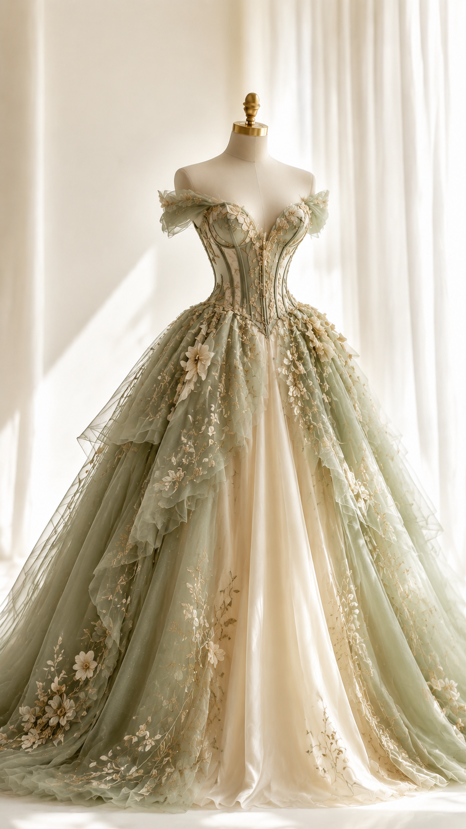 Gorgeous Off-shoulder Ball Gown Quinceanera Dress Tulle Applique Long Prom Dress Green Sweet 16 Dress DP05600
