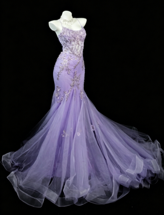 Gorgeous Spaghetti Straps Mermaid Tulle Appliques Long Evening Dress Purple Prom Dress DP05605