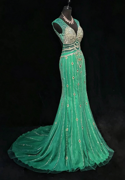 Gorgeous V-neck Sheath Chiffon Beaded Long Evening Dress Green Prom Dress DP05627