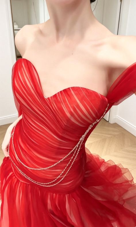 Elegant Off-shoulder Sheath Tulle Long Evening Dress Red Prom Dress DP05636
