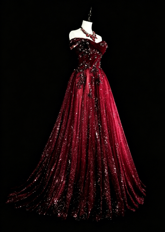 Gorgeous Off-shoulder A-Line Quinceanera Dress Tulle Sequins Long Burgundy Sweet 16 Dress DP05649