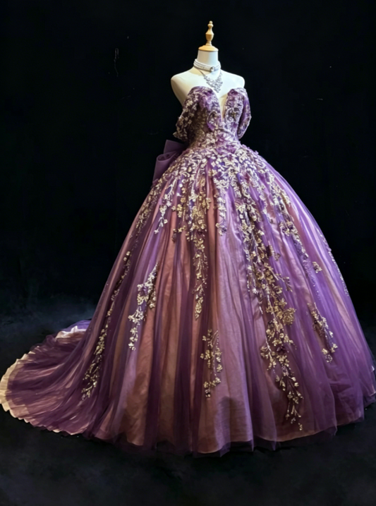 Gorgeous Off-shoulder A-Line Quinceanera Dress Tulle Applique Long Purple Sweet 16 Dress DP05651