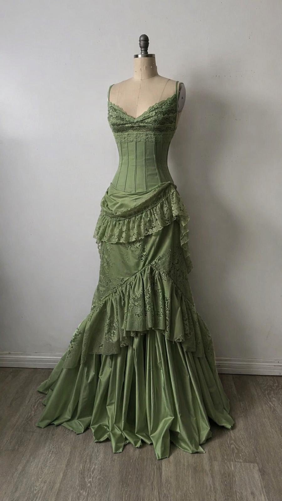 Elegantes, langes Abendkleid aus Satin in A-Linie mit Spaghettiträgern in Grün, Ballkleid DP05658