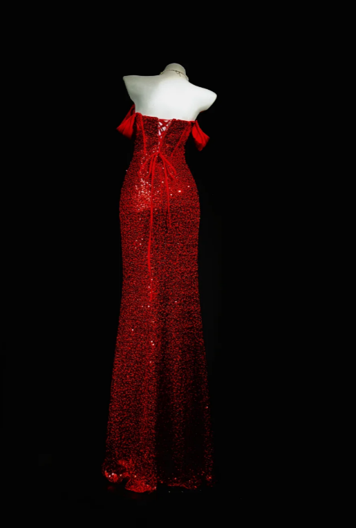 Gorgeous Off-shoulder Sheath Sequins Long Evening Dress Burgundy Prom Dress DP05666