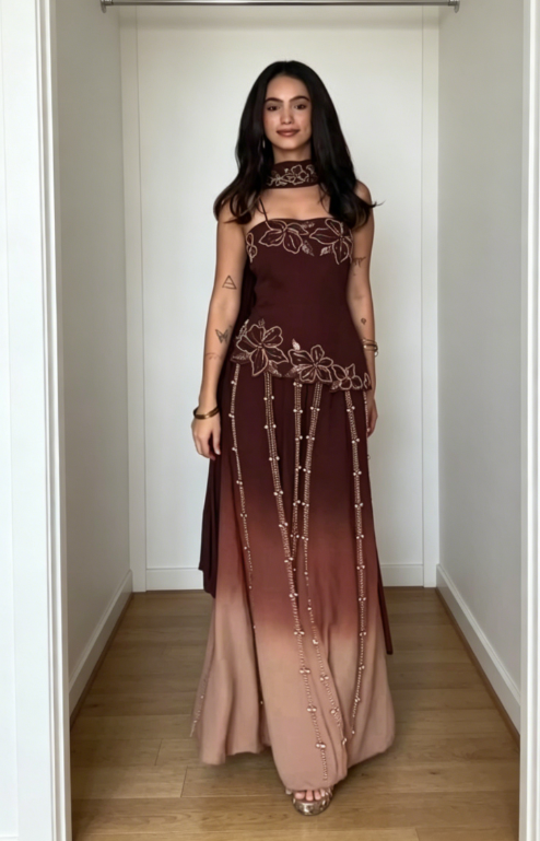 Simple Spaghetti Straps Sheath Beaded Chiffon Long Evening Dress Brown Prom Dress DP05688
