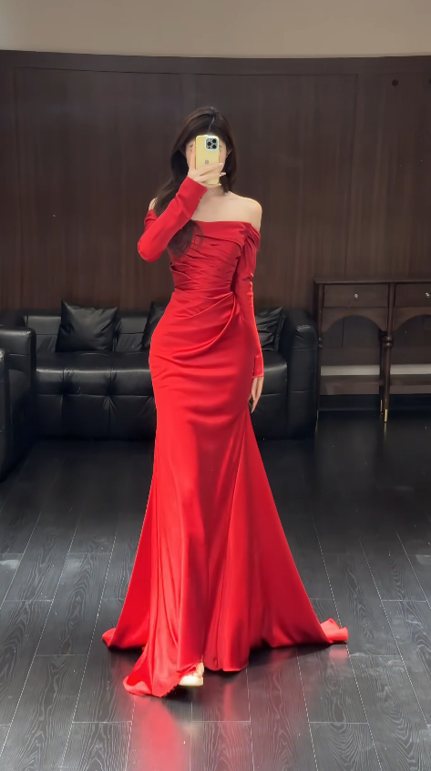 Elegant Burgundy Prom Dress Off-shoulder Sheath Satin Long Evening Dress DP05696