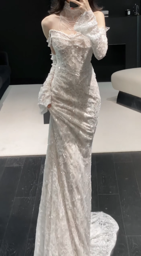 Modest Sweetheart Sheath Wedding Dress Lace Bridal Gown White Bridal Dress DP05706