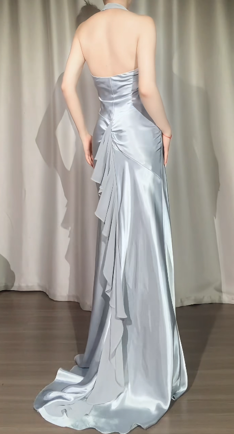 Simple Robe de soirée longue en satin fourreau à licou gris Robe de bal DP05726