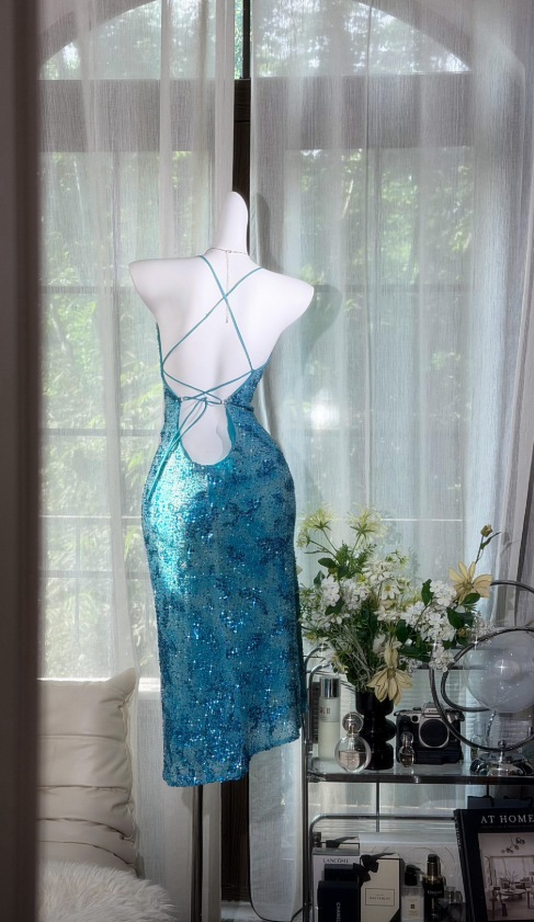 Chic Spaghetti Straps Sheath Chiffon Beaded Long Evening Dress Blue Prom Dress DP05730