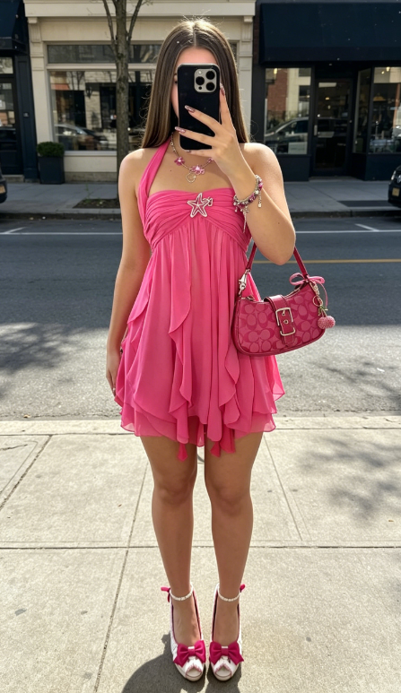 Chic Halter Sheath Short Cocktail Dress Chiffon Party Dress Hot Pink Birthday Dress DP05733