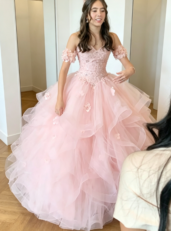 Märchenhaftes, schulterfreies Ballkleid Quinceanera Kleid Tüll Applikation Rosa Sweet 16 Kleid DP05749