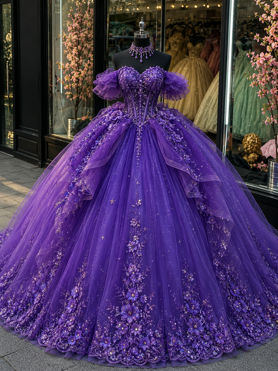 Märchenhaftes schulterfreies Ballkleid Quinceañera-Kleid Tüll-Applikationen Lila Sweet 16 Kleid DP05753
