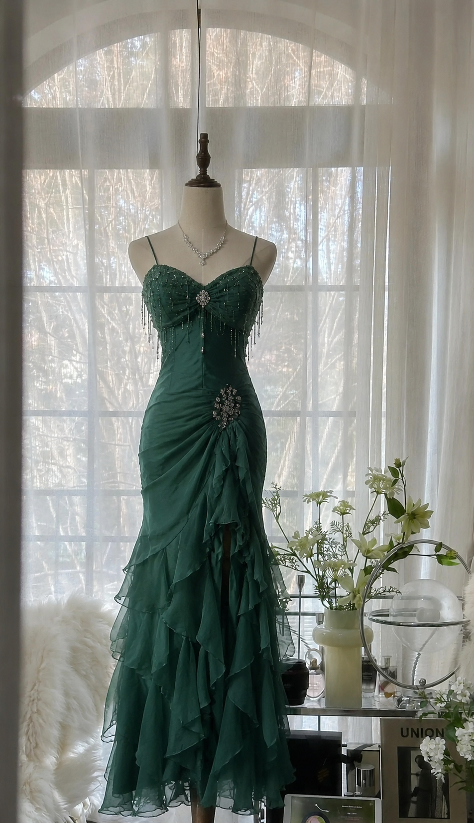 Chic Spaghetti Straps Sheath Chiffon Beaded Long Evening Dress Dark Green Prom Dress DP05757