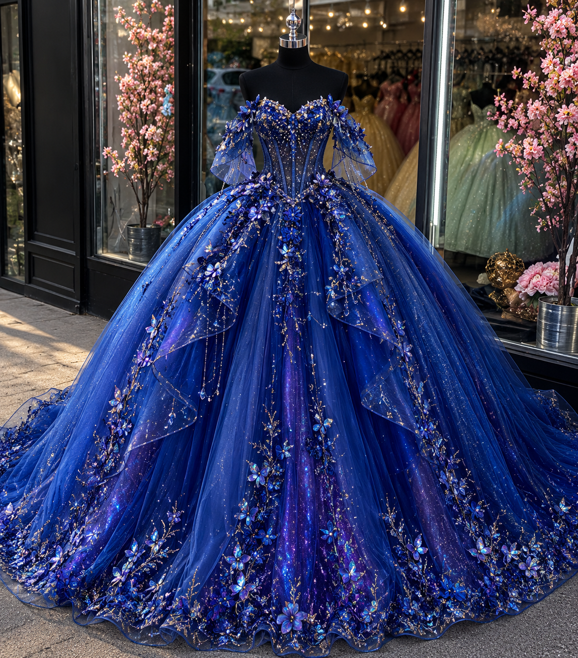Classy Royal Blue Quinceanera Dress Off-shoulder Ball Gown Tulle Applique Sweet 16 Dress DP05764