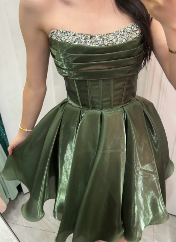 Glam Green Birthday Dress, Strapless A-Line Cocktail Dress Satin Homecoming Dress DP05788