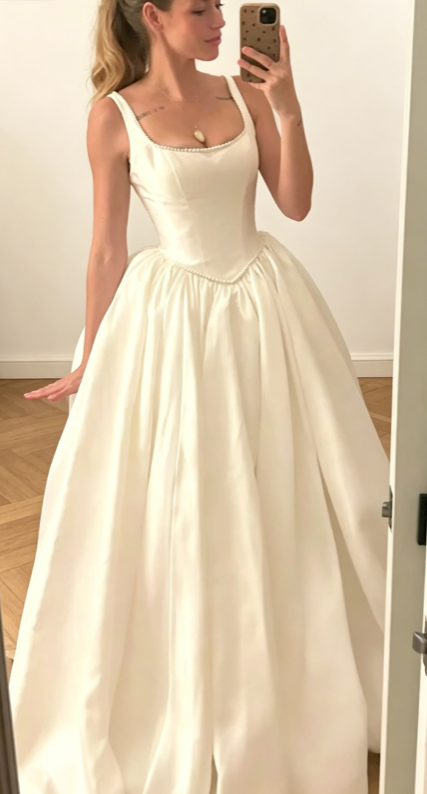 Classy Straps A-Line Wedding Dress Satin Bridal Dress White Bridal Gown DP05794