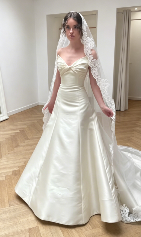 Classy Sweetheart A-Line Wedding Dress Appliques Satin Bridal Dress White Bridal Gown DP05795