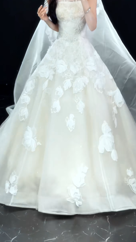 Modest Strapless A-Line Wedding Dress Tulle Applique Bridal Gown White Bridal Dress DP05822