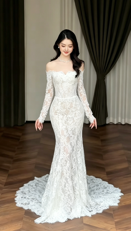 Timeless Off-shoulder Mermaid Wedding Dress Lace Bridal Gown White Bridal Dress DP05829