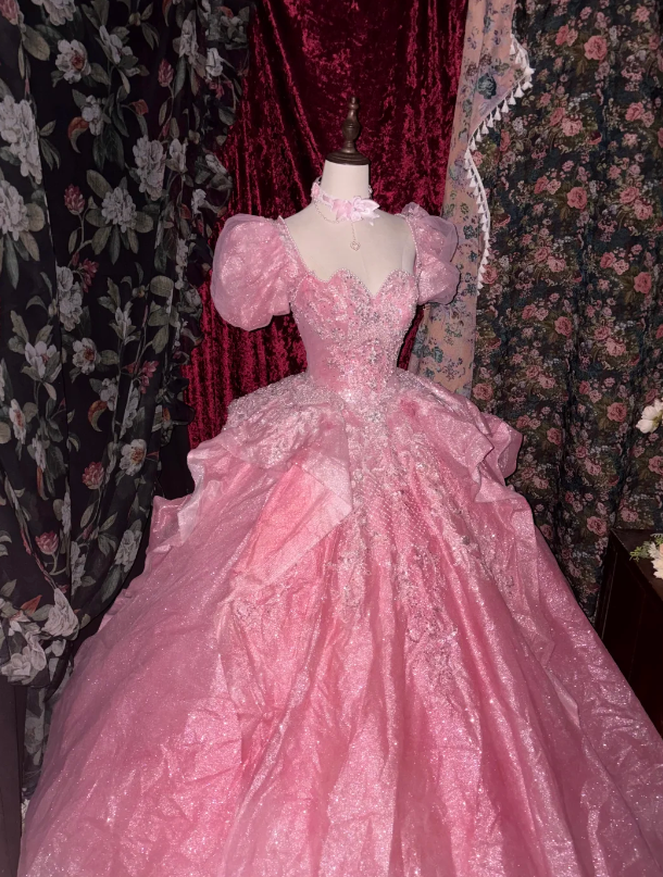 Magnifique Robe de Bal en Tulle pour Quinceañera avec Appliqués Rose Doux Robe de Soirée DP05831