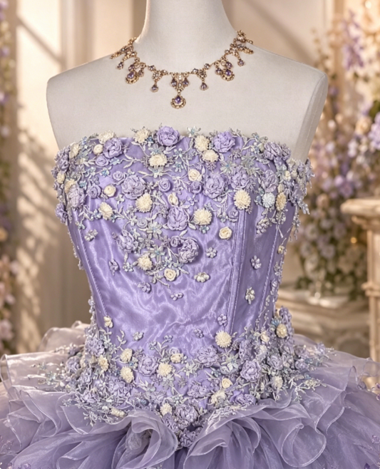 Gorgeous Strapless Ball Gown Tulle Quinceanera Dress Applique Light Purple Sweet 16 Dress DP05832
