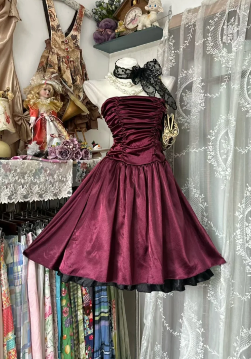 Chic Dark Red Short Homecoming Dress Strapless A-Line Satin Birthday Dress Sleeveless Party Dress DP05852