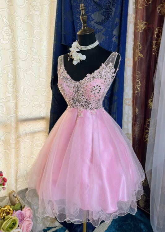 Chic Pink Short Homecoming Dress V-neck A-Line Tulle Birthday Dress Sleeveless Party Dress DP05859