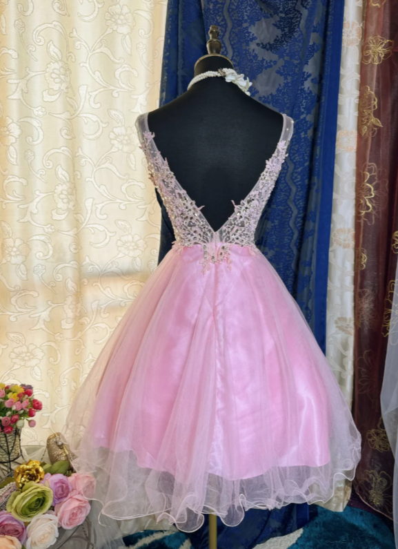 Chic Pink Short Homecoming Dress V-neck A-Line Tulle Birthday Dress Sleeveless Party Dress DP05859