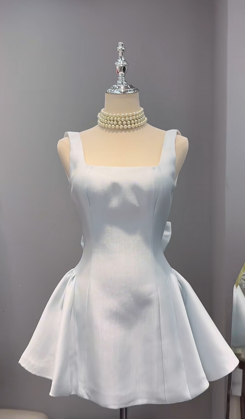 Chic Blue Short Homecoming Dress Straps A-Line Satin Birthday Dress Sleeveless Party Dress DP05861