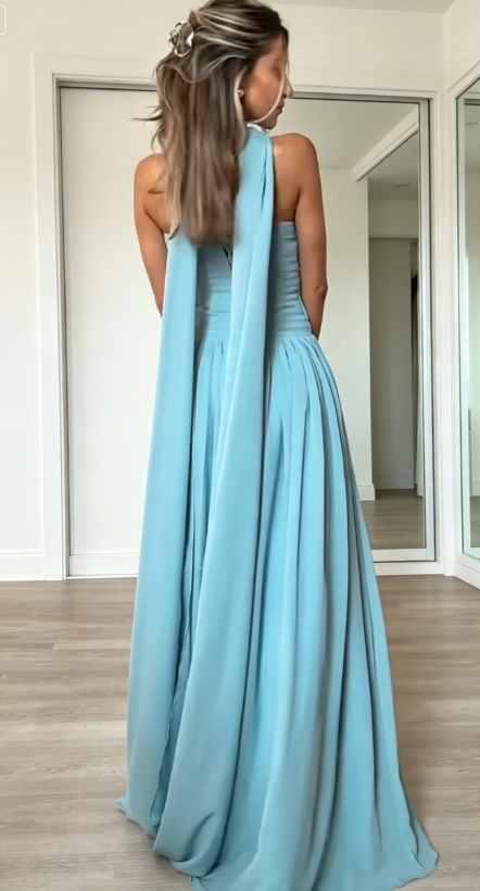 Simple Blue Wedding Guest Dress Strapless Sheath Chiffon Long Evening Dress DP05874