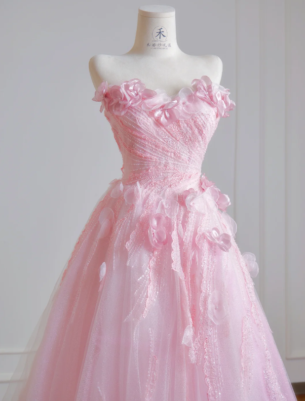 Gorgeous Pink Sweet 16 Dress Strapless Long Evening Dress A-Line Tulle Prom Dress DP05875