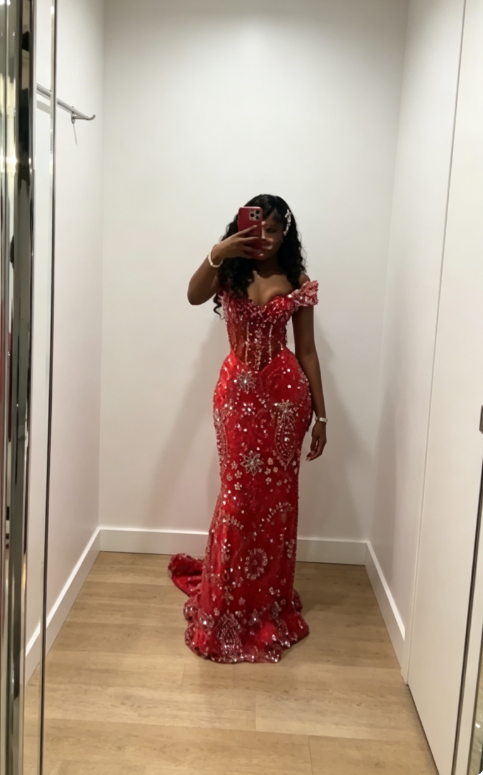 Elegant Red Prom Dress Off-shoulder Mermaid Tulle Beaded Long Evening Dress DP05885