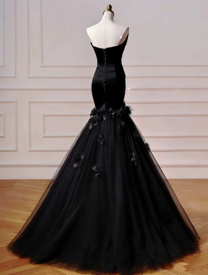 Elegant Black Prom Dress Strapless Sheath Tulle Long Evening Dress DP05887