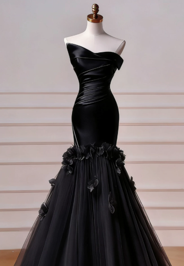 Elegant Black Prom Dress Strapless Sheath Tulle Long Evening Dress DP05887