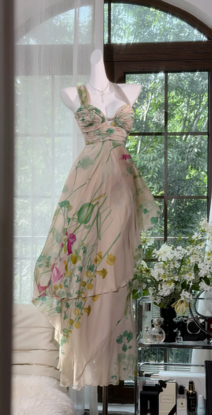 Elegant Floral Prom Dress Halter Sheath Chiffon Long Evening Dress DP05890