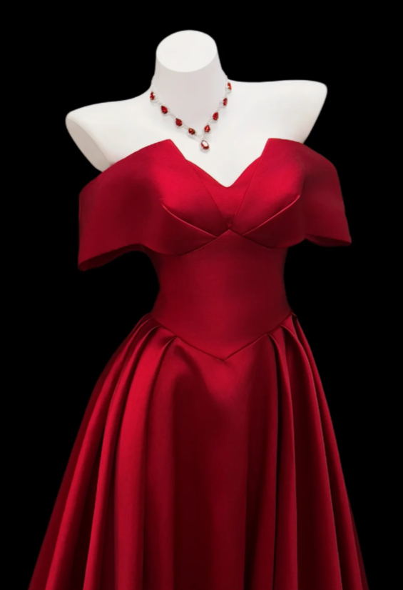 Cute Burgundy Prom Dress Off-shoulder A-Line Satin Long Evening Dress DP05903