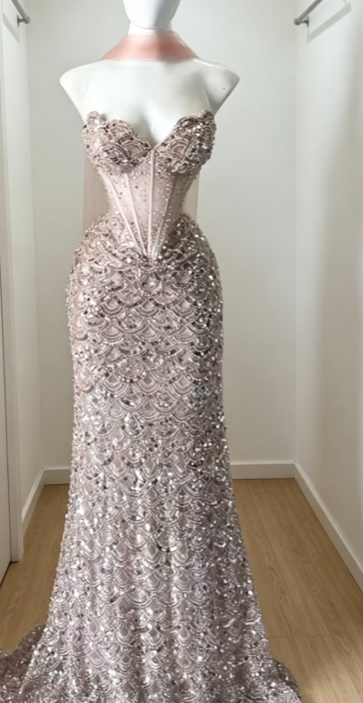 Sexy Sweetheart Sheath Long Evening Dress Light Pink Sequins Prom Dress DP05907